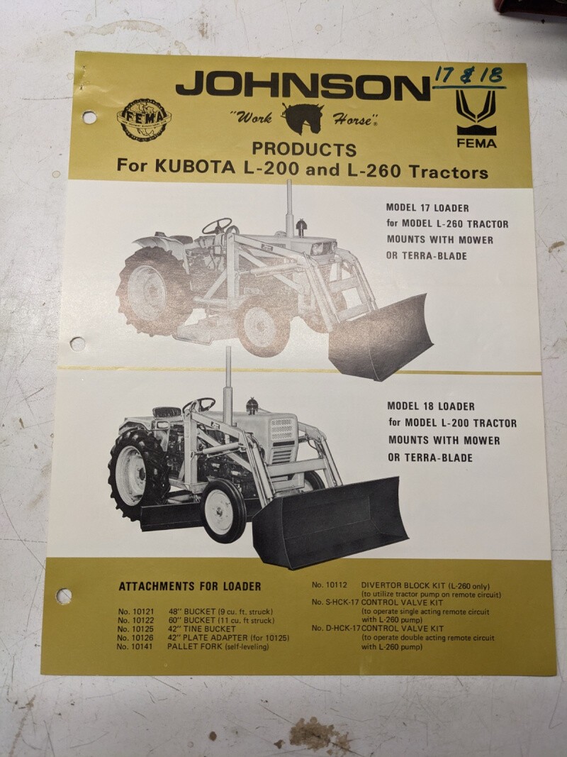 Specifications Johnson Work Horse Loader Model 17 18 Kubota L-200 L-260 Tractor