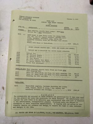Johnson Work Horse Model 14 Loader Ariens Tractors S12 S14 S16 Price List 1973