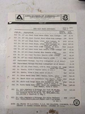 Arps Half Track Components Price List 1976 Page 3 & 4