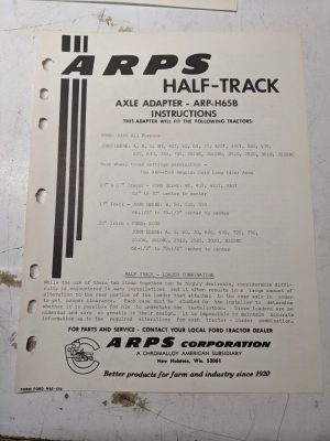 Arps Half-Track Axle Adapter Instructions Part List Arp-H65B Ford John Deere