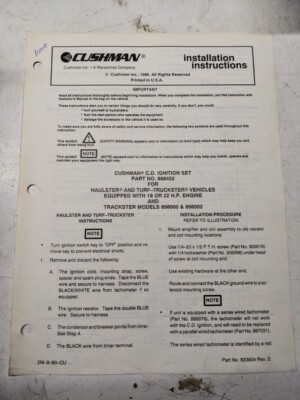 Cushman Installation Instructions Manual Ignition Set 888452 1990 Truckster