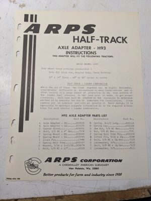 Arps Tractor Half-Track Axle Adapter Instructions Part List H93 David Brown 1200