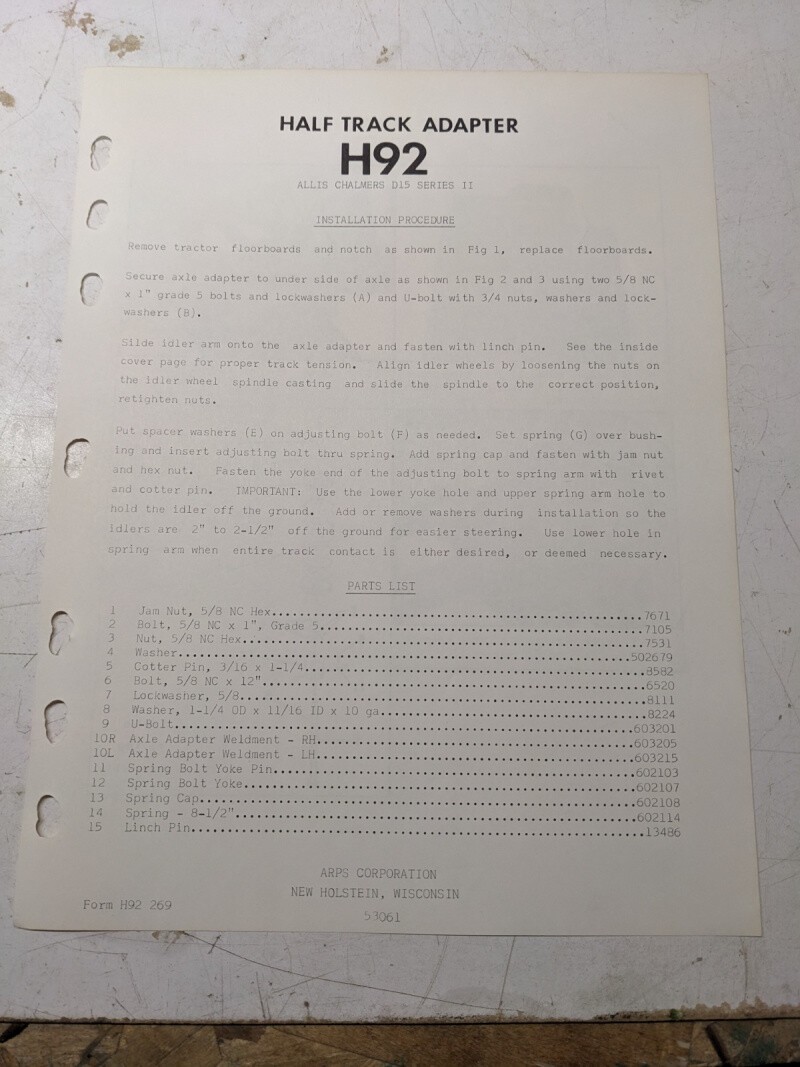 Arps Tractor Halftrack Axle Adapter Instruction Part List H92 Allis Chalmers D15