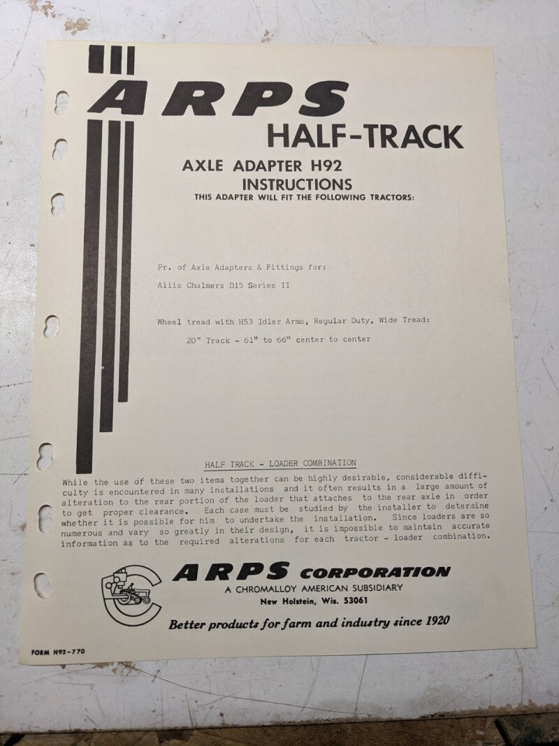 Arps Tractor Halftrack Axle Adapter Instruction Part List H92 Allis Chalmers 770