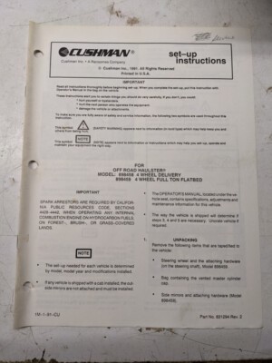 Cushman Set Up Dealer Instructions Manual Haulster 898458 898459 1991