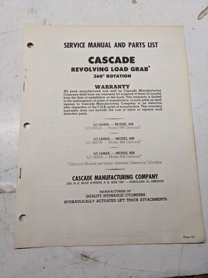 Cascade Service Manual Parts List Book Revolving Load Grab 30B 40B 80B