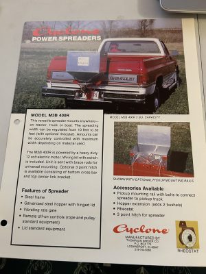 Cyclone Power Spreaders Sales Brochure Model M3B 400R Model S3B P.T.O