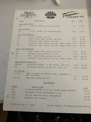 Plantes Lawn Equipment Spyker Spreader Price List Thompson Seeder Co 7-1-1989