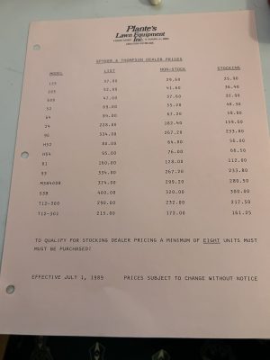 Plantes Lawn Equipment Spyker Thompson Dealer Price List 7-1-1989 Model Sheet