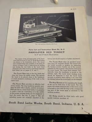 South Bend Lathe Works Handlever Bed Turret Parts List Instruction Manual Boring