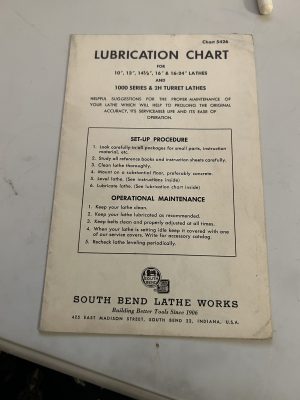 South Bend Lathe Works Lubrication Chart 10" 13 14.5 16 1000 Series 2H Turret