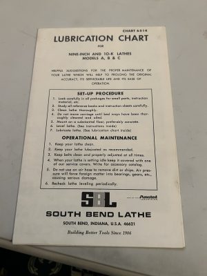 South Bend Lathe Works Lubrication Chart For 9" 10-K Lathes Models A,B,C