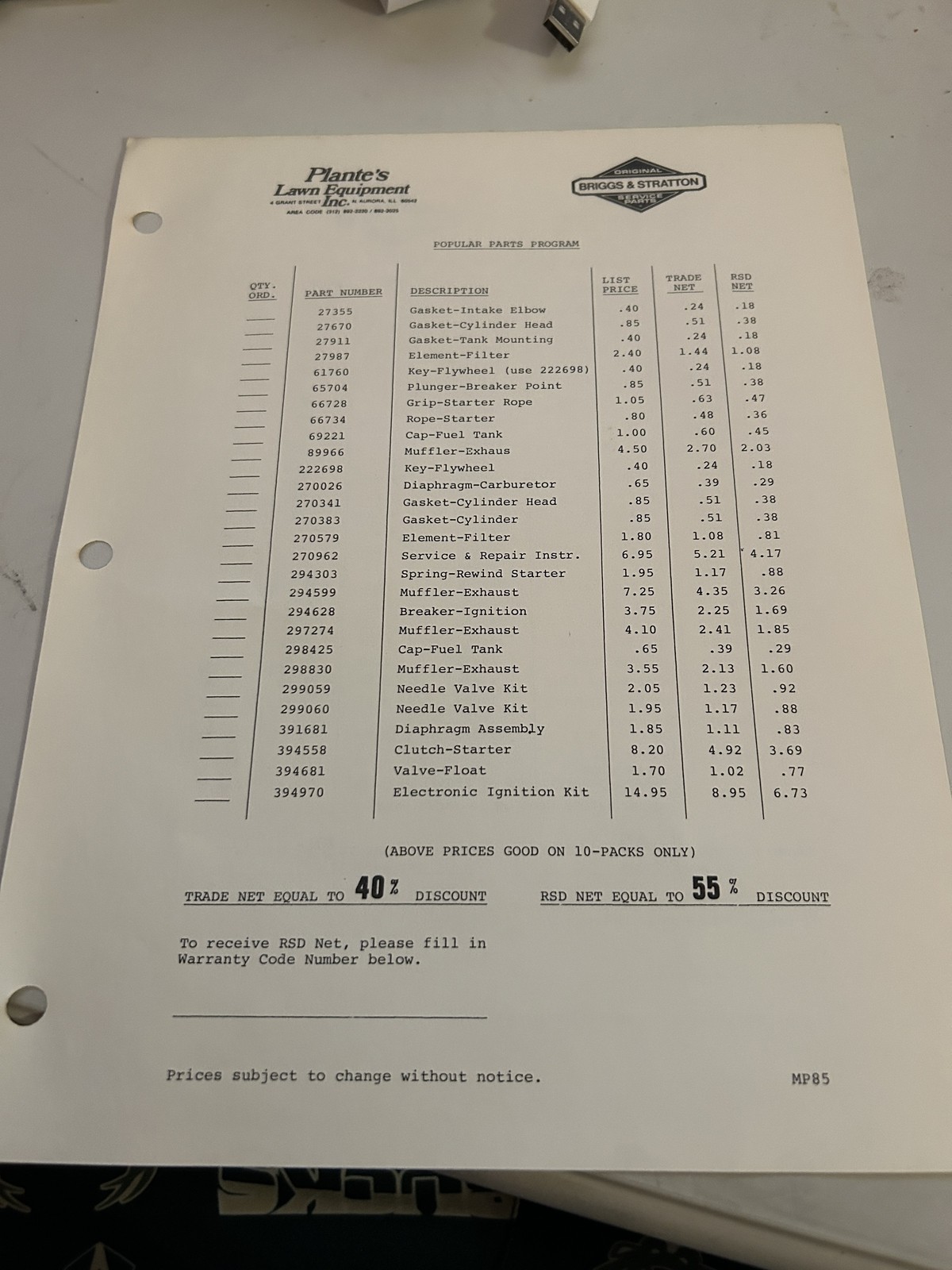 Plantes Lawn Equipment Briggs & Stratton Price Sheet Popular Parts