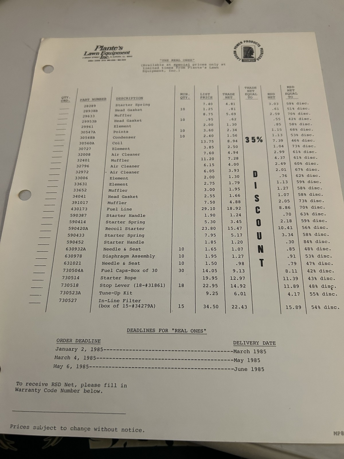 Plantes Lawn Equipment Tecumseh Price Sheet 1985 Discount List