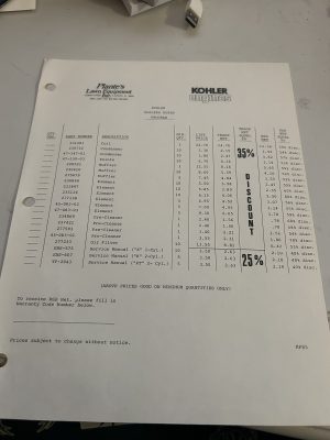 Plantes Lawn Equipment Kohler Engines Price Sheet 1985 Discount List