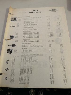 Plantes Lawn Equipment Tools And Service Parts Price Sheet 12-1-1983