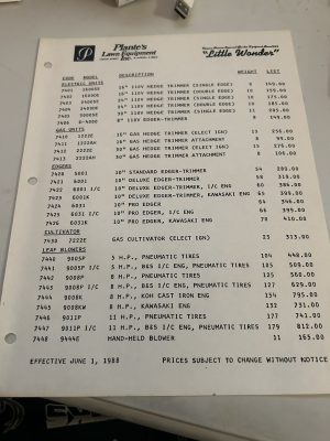 Plantes Lawn Equipment Little Wonder Sales Brochure 6-1-1988 Price Sheet