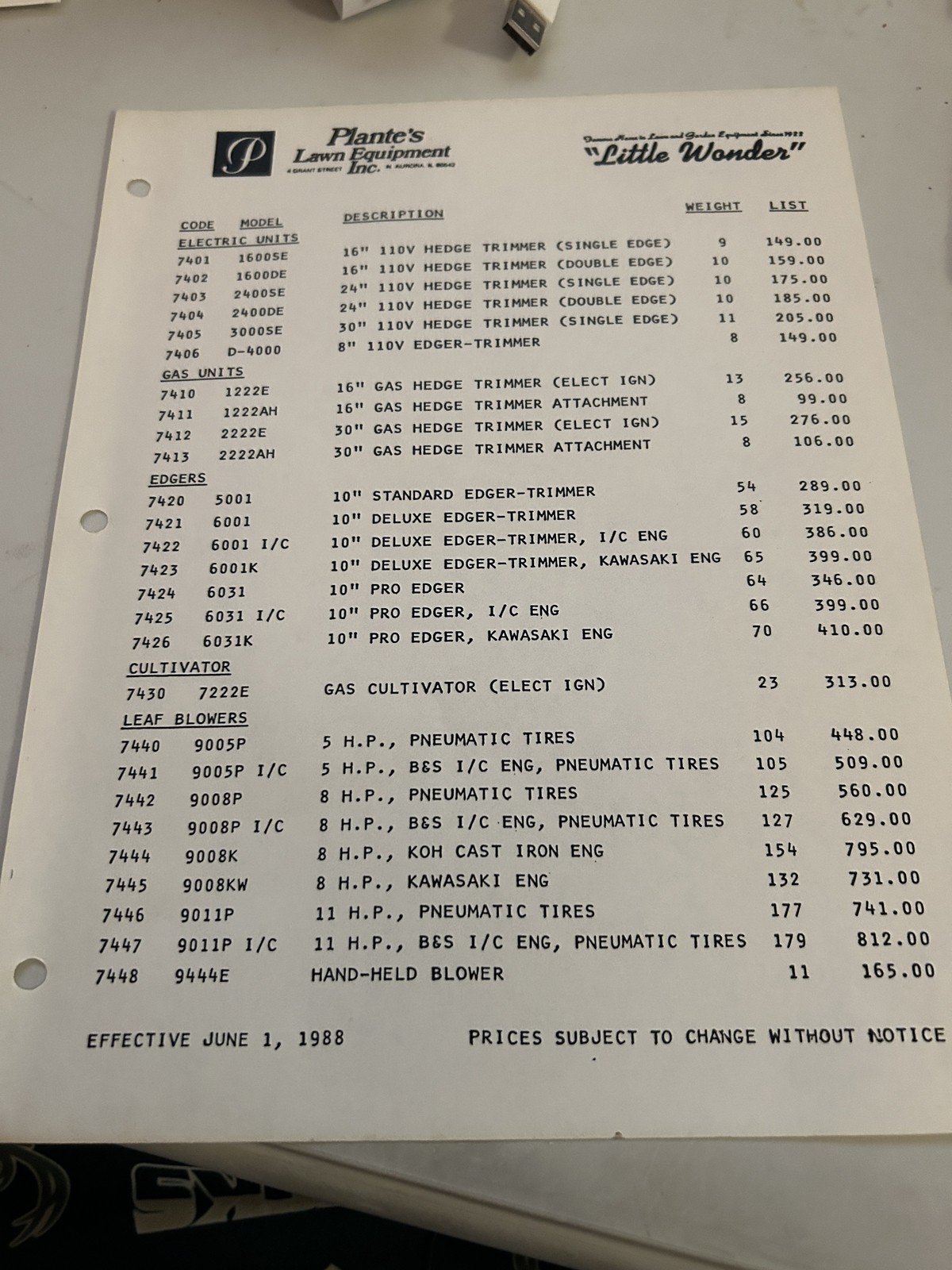 Plantes Lawn Equipment Little Wonder Sales Brochure 6-1-1988 Price Sheet