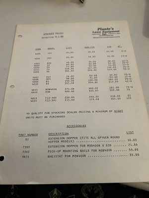 Plantes Lawn Equipment Spreader Price Sheet 9-1-1988 Accessory Sheet