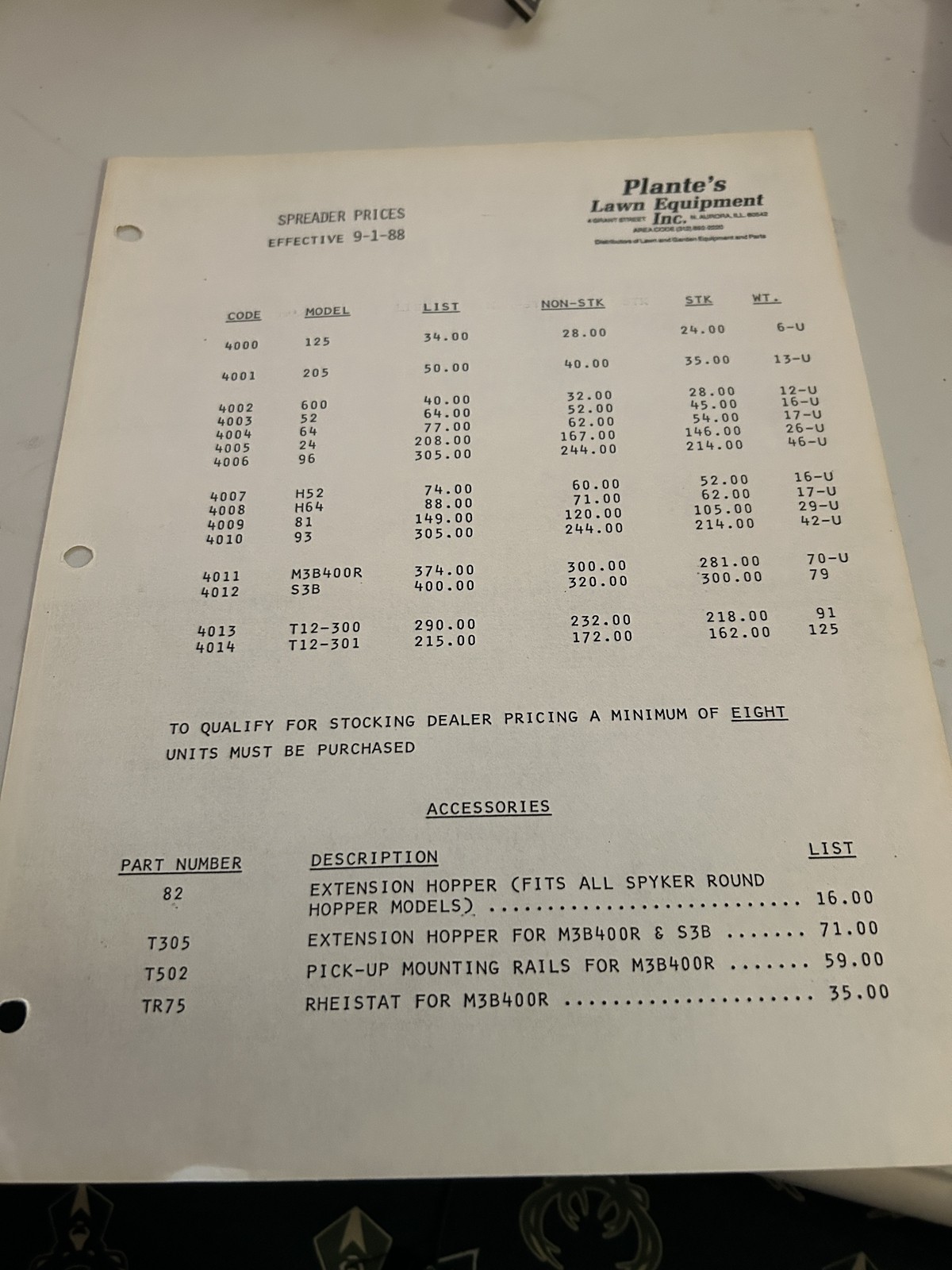 Plantes Lawn Equipment Spreader Price Sheet 9-1-1988 Accessory Sheet