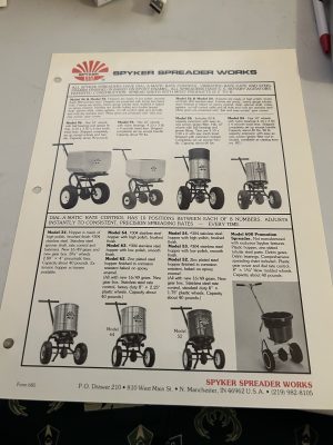 Spyker Spreader Works Model Sheet Sales Brochure Walk Behind Trailer