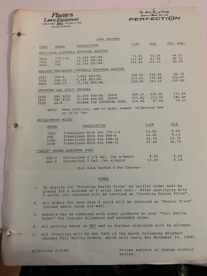 Plante'S Lawn Equipment Inc 1984 Program Price List Portable Kerosene Heaters