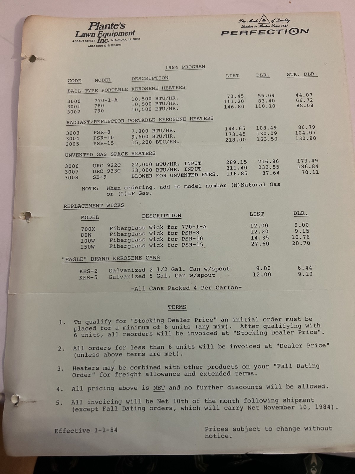 Plante'S Lawn Equipment Inc 1984 Program Price List Portable Kerosene Heaters