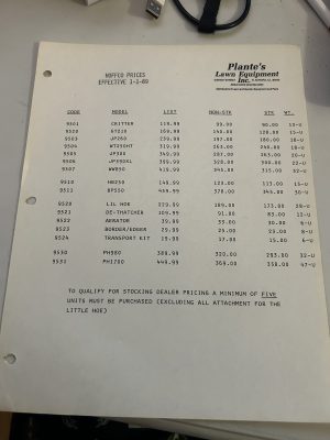 Plante'S Lawn Equipment Hoffco Price List 1-1-1989 Stock ﾖ Non Stock Prices