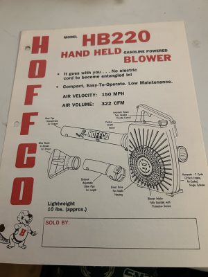 Hoffco Hb220 Hand Held Gasoline Powered Blower Sales Brochure 150Mph