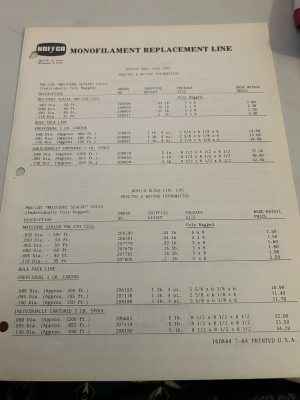 Hoffco Monfiliment Replacement Line Pre-Cut Sales Brochure Gray Black 1985