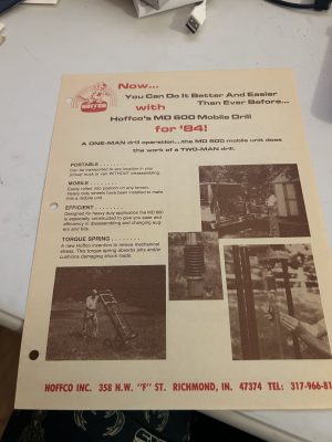 Hoffco Md600 Mobile Earth Auger Drill 1984 Sales Brochure 3.8Hp One Man