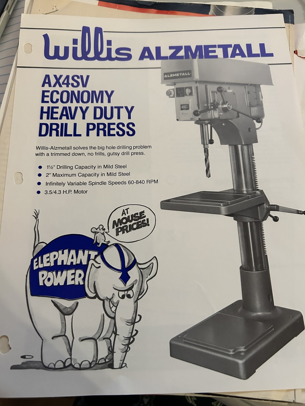 Willis Alzmetall Ax4Sv Economy Heavy Duty Drill Press Elephant Power 3.5/4.3 Hp