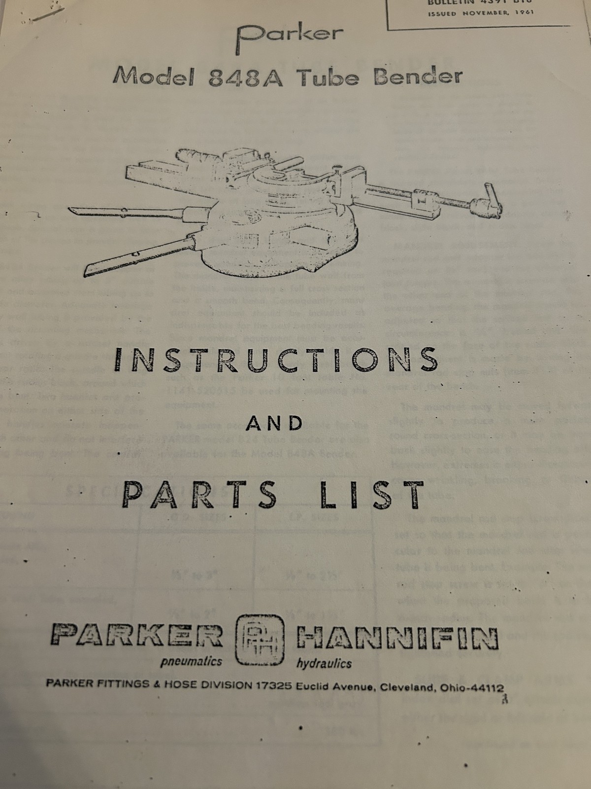 Parker Hannifin 848A Tube Bender Instructions And Parts List Bulletin 4391 B18