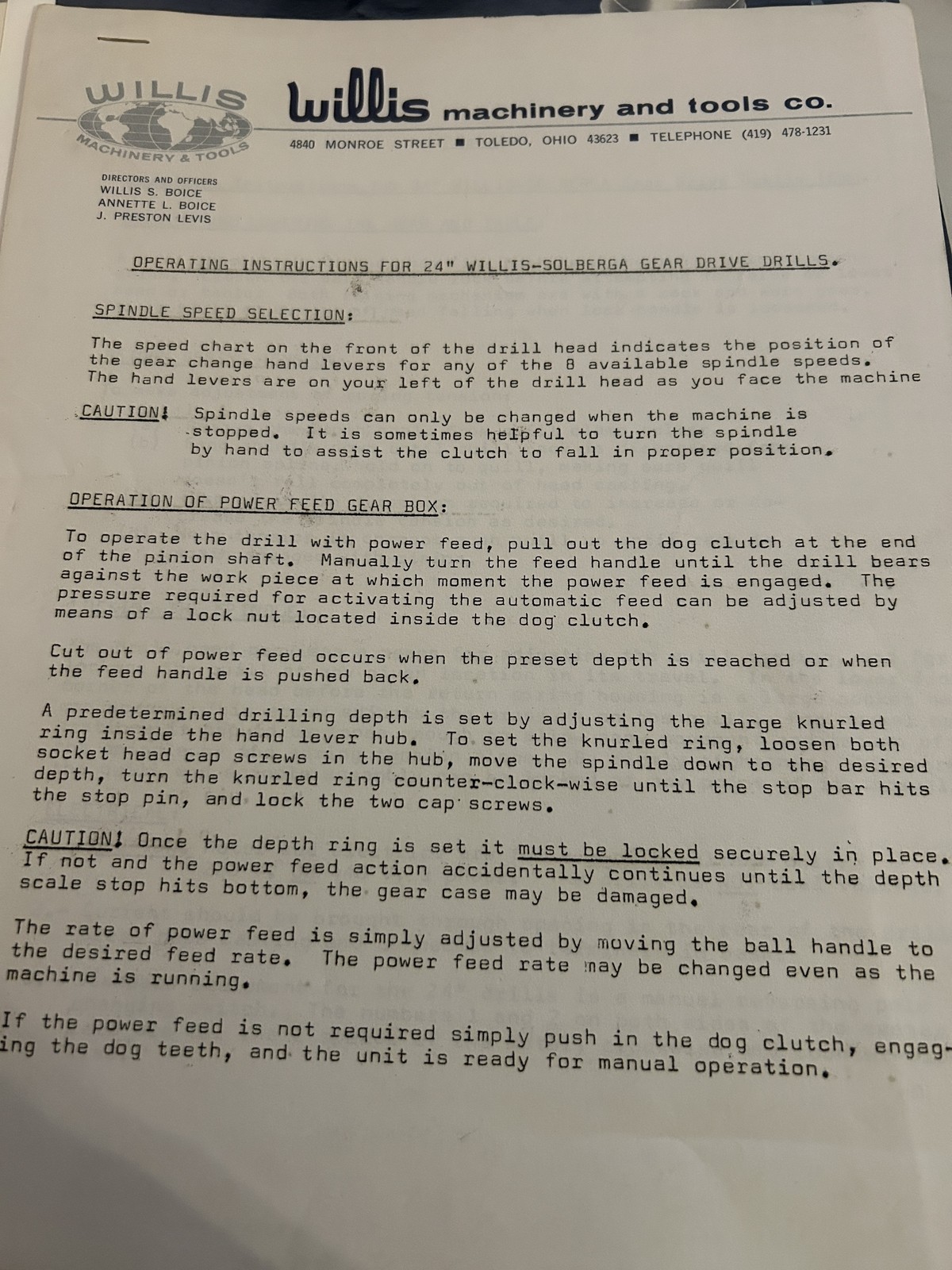 Willis Machinery And Tools Co Operating Instructions 24 Willis-Solberga Drills