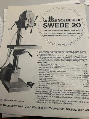 Willis Solberga Swede 20 Gear Drive Power Manual Feed Machinery And Tools