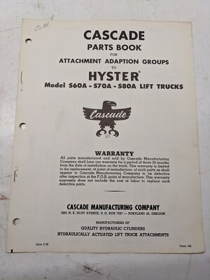 Cascade Parts Book List Attachment Adapter Hyster S60A S70A S80A Lift Truck