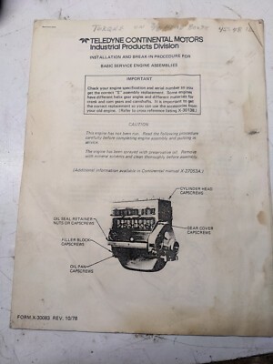 Teledyne Continental Installation Break In Procedure Engine X-30083 1978
