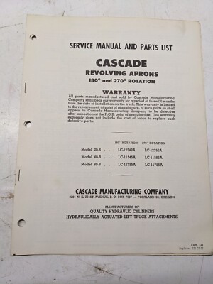Cascade Service Manual Parts List Revolving Aprons 180 270 20-B 40-B 80-B