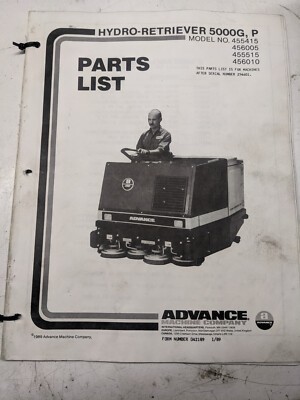 Advance Parts List Book Maual 455 415 515 456 005 010 Hydro-Retriever 1989 5000G