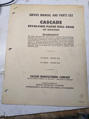 Cascade Service Manual Parts List Book 40-B 60-B Revolving Paper Roll Grab