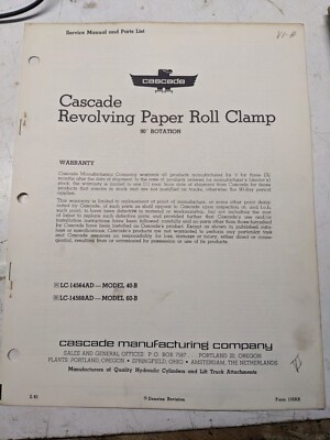 Cascade Service Manual Parts List Book 40-B 60-B Revolving Paper Roll Clamp 1961