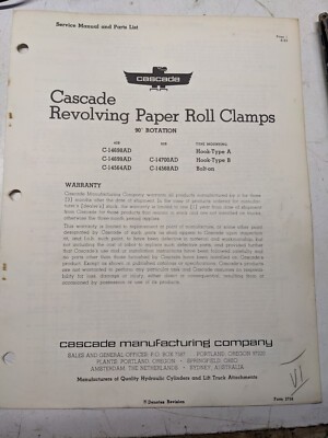 Cascade Service Manual Parts List Book 40-B 60-B Revolving Paper Roll Clamp 1963