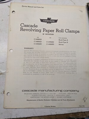 1963 Cascade Service Manual Parts List Book 40-B 60-B Revolving Paper Roll Clamp