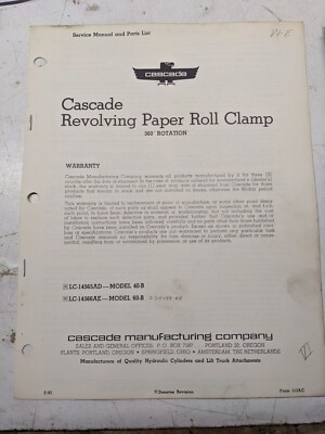 Cascade 1961 Service Manual Parts List Book 40-B 60-B Revolving Paper Roll Clamp