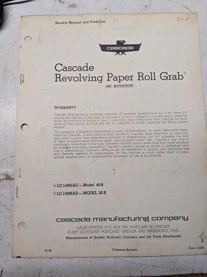 Cascade 1959 Service Manual Parts List Book 40-B 60-B Revolving Paper Roll Grab