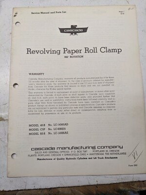 Cascade 1961 Service Manual Parts List Book Revolving Paper Clamp 40-B 60-B C5P