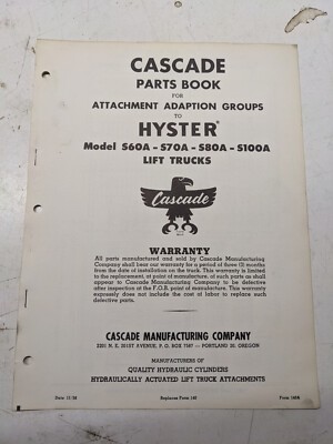 Cascade Parts Book List Attachment Adapter Hyster S60A S70A S80A S100A Lift Fork