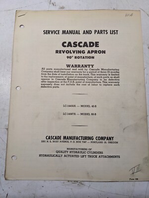 Cascade Service Manual Parts List Book 40-B 80-B Revolving Apron