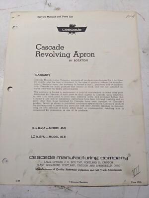 Cascade Service Manual Parts List Book 40-B 80-B Revolving Apron 1959