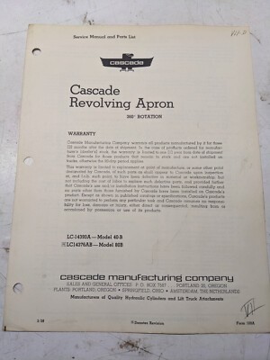 Cascade Service Manual Parts List Book 40-B 80-B Revolving Apron 1959 360 Deg